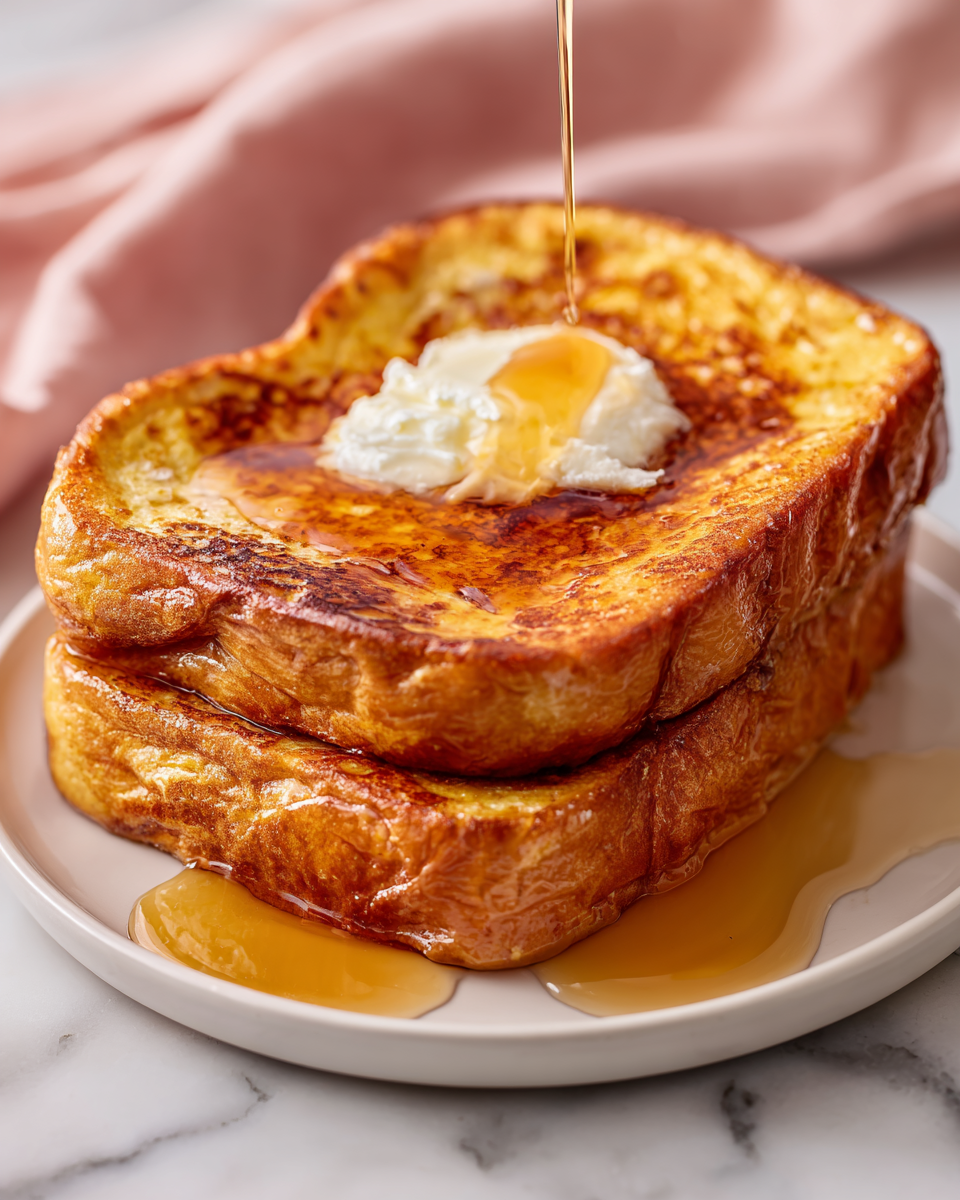 The image shows two thick slices of golden brown French toast stacked on a white plate. The top slice has a dollop of melting butter in the center, with golden syrup being poured over it, glistening and flowing down the sides of both toast slices. The French toast has a crispy, slightly caramelized texture on the outside, with soft, fluffy bread inside. The plate sits on a white marbled surface with a soft pink cloth partly visible in the background. photo taken with an iphone --ar 4:5 --v 7
