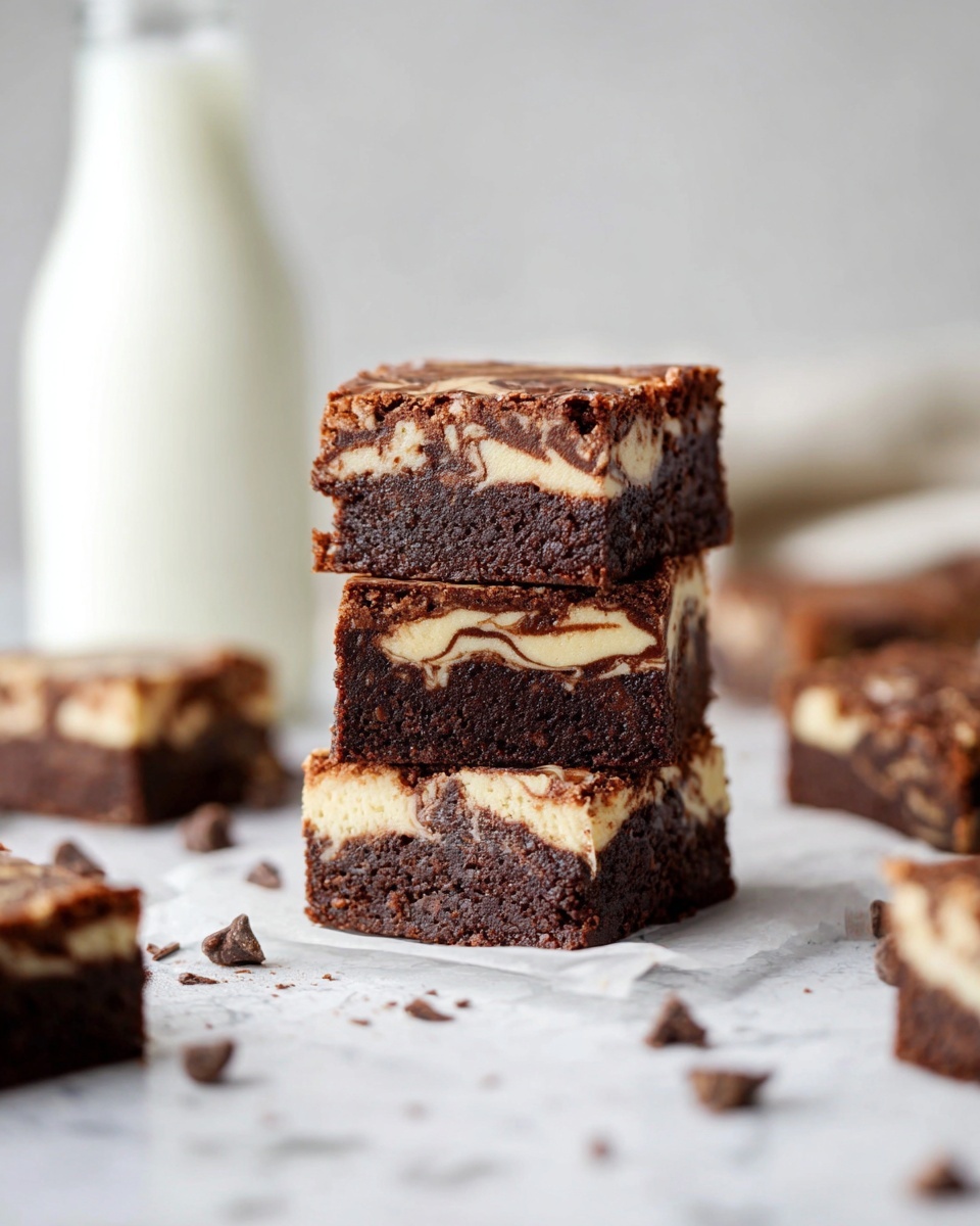 The image shows a stack of three square brownie pieces with two clear layers: a dark brown chocolate layer at the bottom and a marbled cream-colored layer on top, swirled with dark brown chocolate. The brownies sit directly on a white marbled surface scattered with small chocolate chunks. In the softly blurred background, there is a tall bottle of milk, adding to the cozy feel of the scene. Around the main stack, there are other brownie pieces casually placed, maintaining the focus on the neat stack in the center. photo taken with an iphone --ar 4:5 --v 7