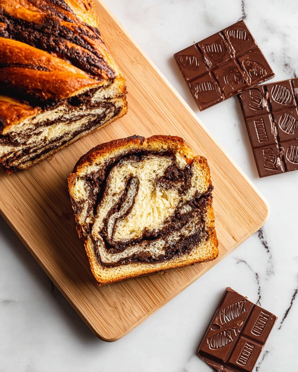 A thick slice of babka bread sits on a light wooden cutting board, showing three clear layers of swirl where dark chocolate twists through soft, golden-baked dough with a slightly crisp brown crust. Beside it, part of the whole babka loaf reveals multiple thick swirled layers of dark chocolate filling and golden dough woven together. Around the board on a white marbled surface, there are three squares of rich brown chocolate with the brand name visible. The photo taken with an iphone --ar 4:5 --v 7