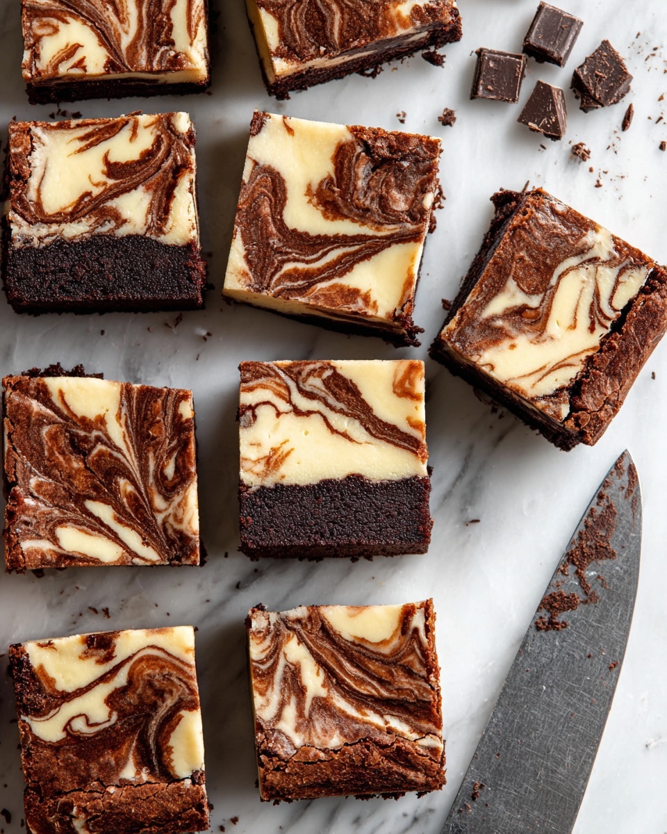 The image shows twelve square pieces of marbled cheesecake brownies arranged closely on a white marbled surface. Each brownie has two visible layers: the bottom layer is dark brown and dense, with a rich chocolate color and slightly rough texture, while the top layer features a cream-colored cheesecake base with swirls of dark brown chocolate creating a marble effect in various patterns. The edges of each piece are cleanly cut, showing the thickness of both layers evenly. A large knife with some chocolate residue lies on the right side, and there are small chunks of dark chocolate scattered around the brownies. photo taken with an iphone --ar 4:5 --v 7