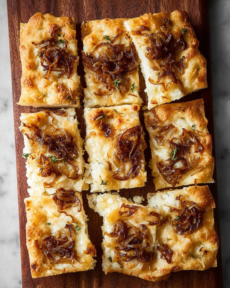 The image shows a focaccia bread cut into nine square pieces arranged on a wooden board. Each piece has a golden-brown crust with a fluffy, slightly airy texture and is topped with caramelized onions scattered unevenly across the surface. The onions are deep brown to darker spots, adding a rich contrast to the pale yellow melted cheese layer beneath them. Small sprigs of thyme are sprinkled throughout as a garnish. The wooden board rests on a white marbled texture. photo taken with an iphone --ar 4:5 --v 7