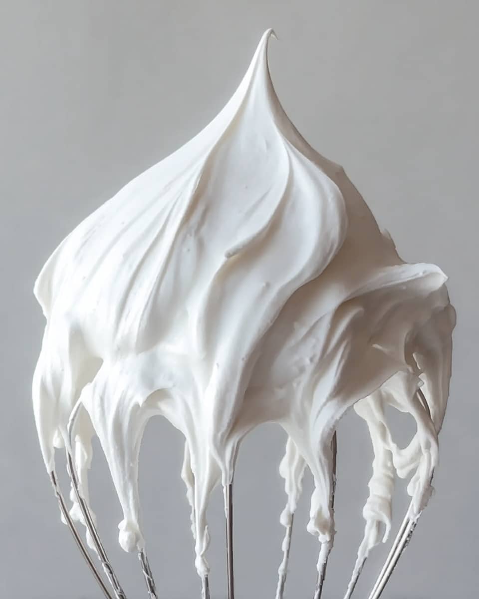 A close-up view of a metal whisk covered with thick, glossy white whipped cream. The whipped cream forms one main smooth peak in the center, with smaller peaks and ripples flowing down to cover the whisk's thin wires. The background is plain and blurred, showing a soft light gray color that contrasts with the whipped cream's bright white texture, making it look fluffy and light. photo taken with an iphone --ar 4:5 --v 7