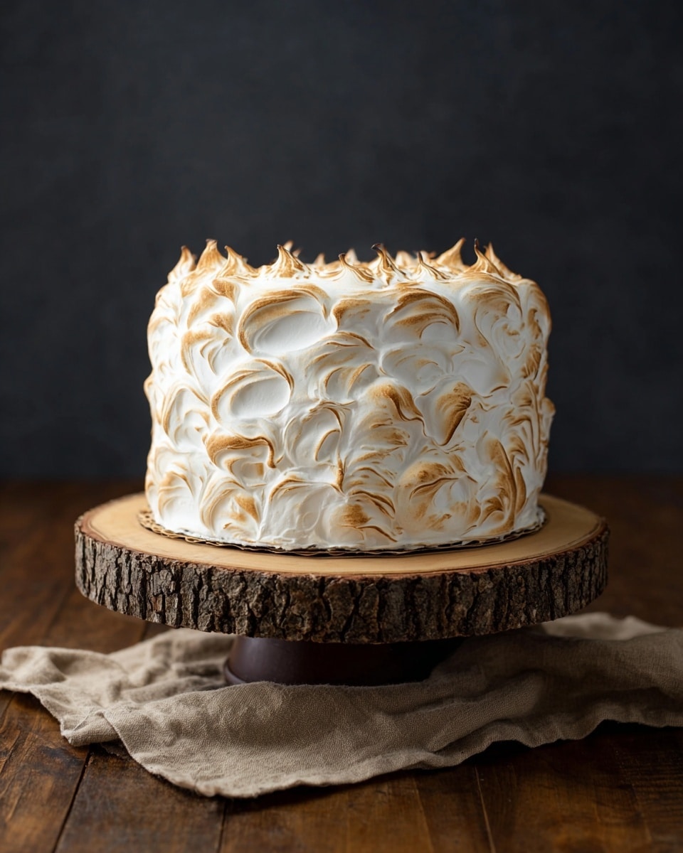 A round cake with one visible layer, covered completely in white meringue swirled and toasted to light brown golden spots, giving a textured look across the whole cake. The meringue has soft peaks and waves all around it. The cake sits on a rough wood slice stand, which is placed on a brown cloth on a wooden table, with a plain dark background behind. photo taken with an iphone --ar 4:5 --v 7