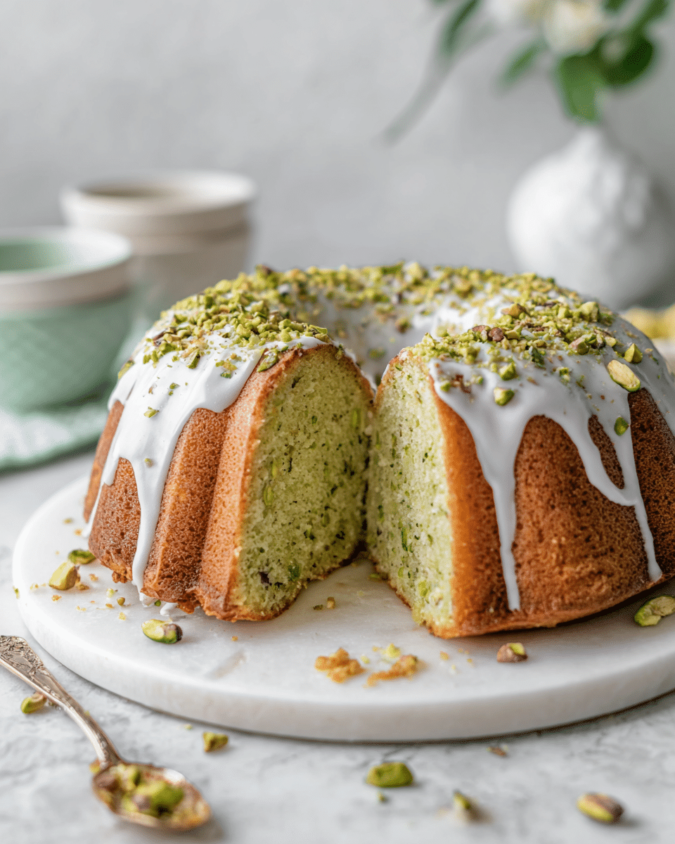 The image shows a round bundt cake with one large slice cut out, placed on a white marble plate. The cake has two layers: a golden brown crust with a light green soft interior, suggesting a flavor like pistachio. The top of the cake is covered with a thick, white icing that drips down the sides, and it is sprinkled with crushed green nuts and crumbs. Some green nut pieces and crumbs are scattered on the plate around the cake, adding texture and color contrast. The background has a blurred white marbled surface with a few small white bowls and a light green vase holding greenery. Photo taken with an iphone --ar 4:5 --v 7