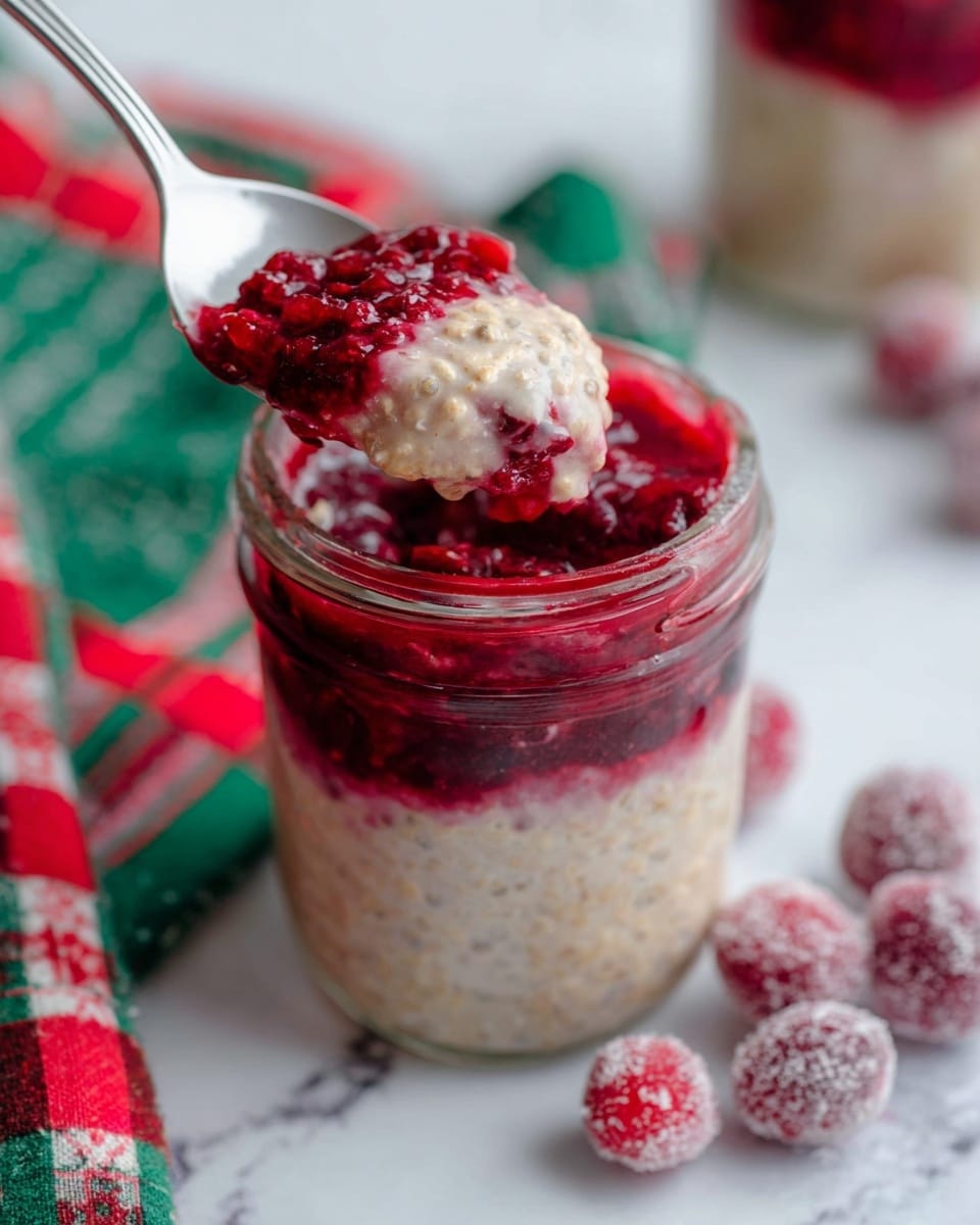 The image shows a glass jar dessert with four visible layers. The bottom layer is light beige, creamy and slightly grainy, likely overnight oats or chia pudding. Above that is a thick, bright red berry compote layer, rich in color and slightly glossy. The third layer repeats the light beige creamy base, topped finally with another layer of the same deep red berry compote that is thick and chunky. A silver spoon lifts a portion from the jar showing the contrast between the smooth beige and vibrant red layers. Around the jar are some frosted red berries scattered on a white marbled surface and part of a festive red, white, and green cloth is visible near the jar. Photo taken with an iphone --ar 4:5 --v 7