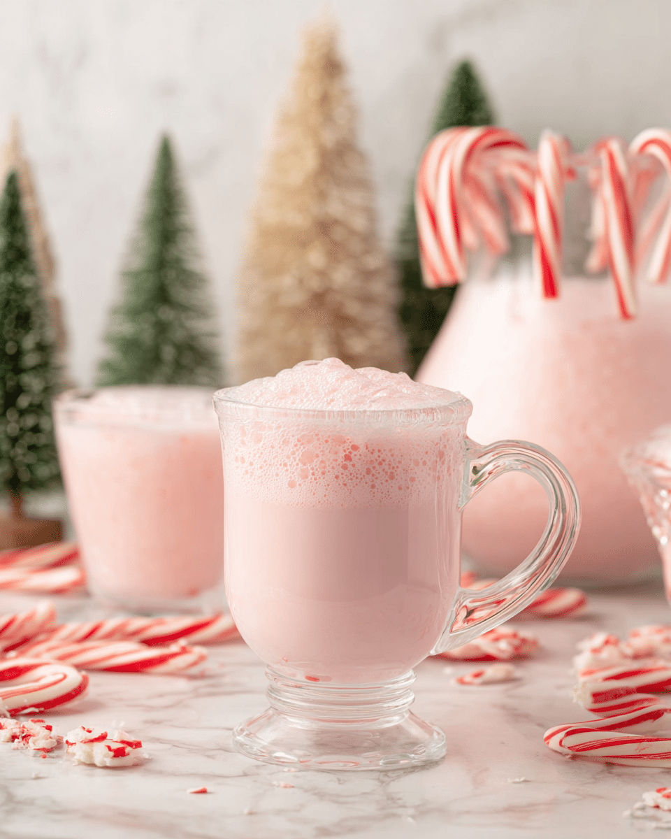 A clear glass cup with a looped handle holds a light pink frothy drink, with the foam rising slightly above the rim, showing a bubbled texture. Behind the cup, there's a matching glass cup filled with the same pink drink, and to the right, a glass pitcher filled with the pink drink is decorated with several red and white candy canes hanging on its rim. Around the cups and pitcher, several candy canes are scattered on a white marbled surface. In the blurred background, small decorative Christmas trees in shades of green and beige stand against a white wall, adding a festive atmosphere. photo taken with an iphone --ar 4:5 --v 7