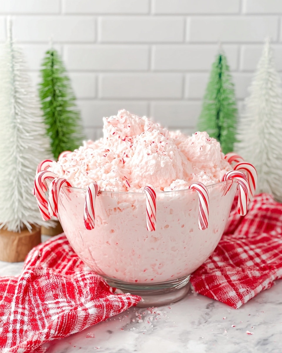 A clear glass bowl filled with light pink, fluffy, whipped dessert or drink, with visible frothy texture on top and some soft scoops in the center. The bowl is decorated all around the rim with red and white candy canes hanging down its side. The bowl sits on a white marbled surface with a red and white checkered cloth draped partially underneath it. In the background, small white and green decorative Christmas trees are placed against a white brick wall. Photo taken with an iphone --ar 4:5 --v 7