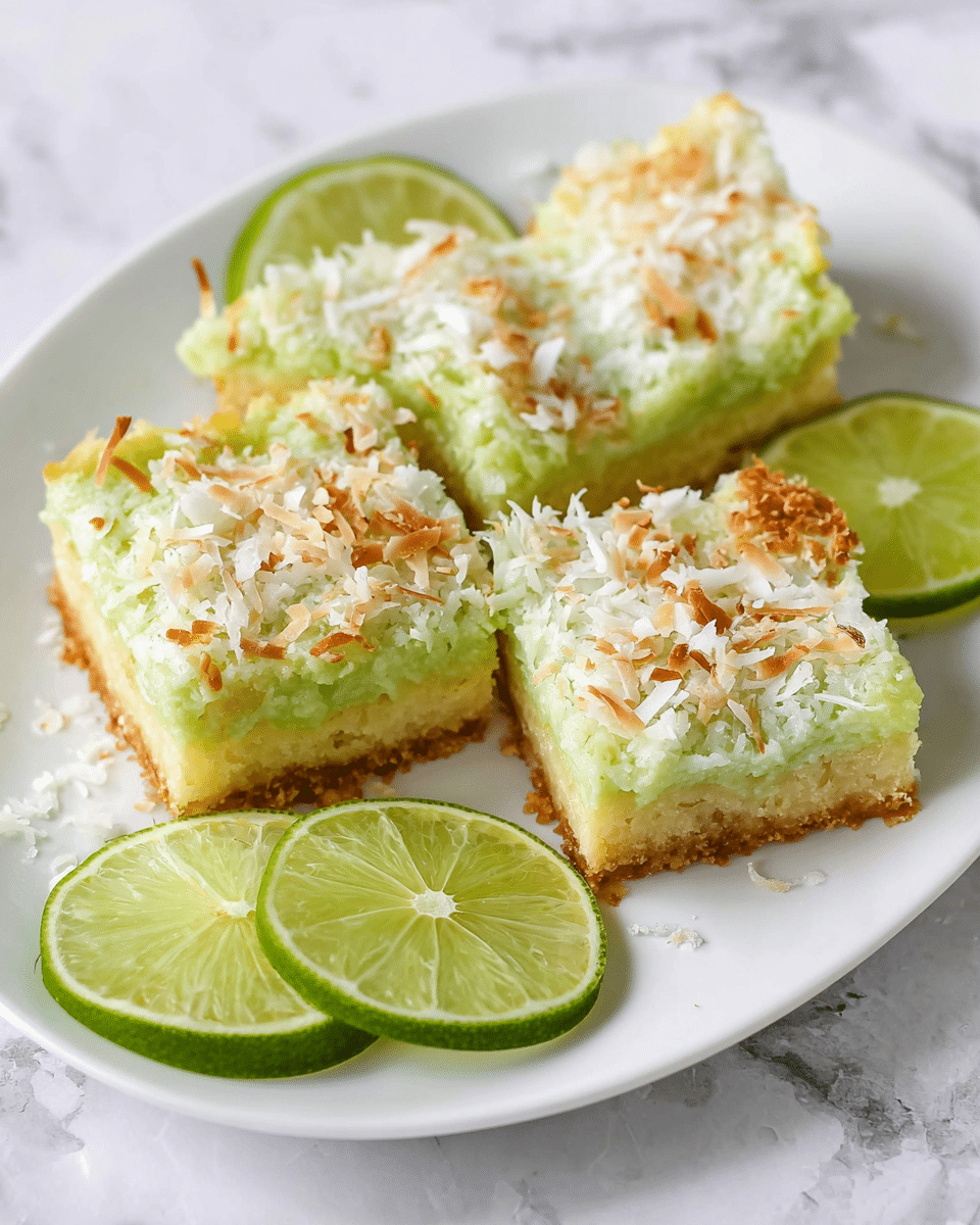 The image shows four square pieces of a dessert on a white plate placed on a white marbled surface. Each piece has two layers: the bottom layer is light golden brown and looks firm like a crust, while the top layer is light green and creamy with a textured surface. The top layer is sprinkled generously with toasted white coconut flakes, some of which have a light brown toasted color. Lime slices with bright green rind and pale green inside are arranged both on the plate and beside it, adding a fresh look. photo taken with an iphone --ar 4:5 --v 7