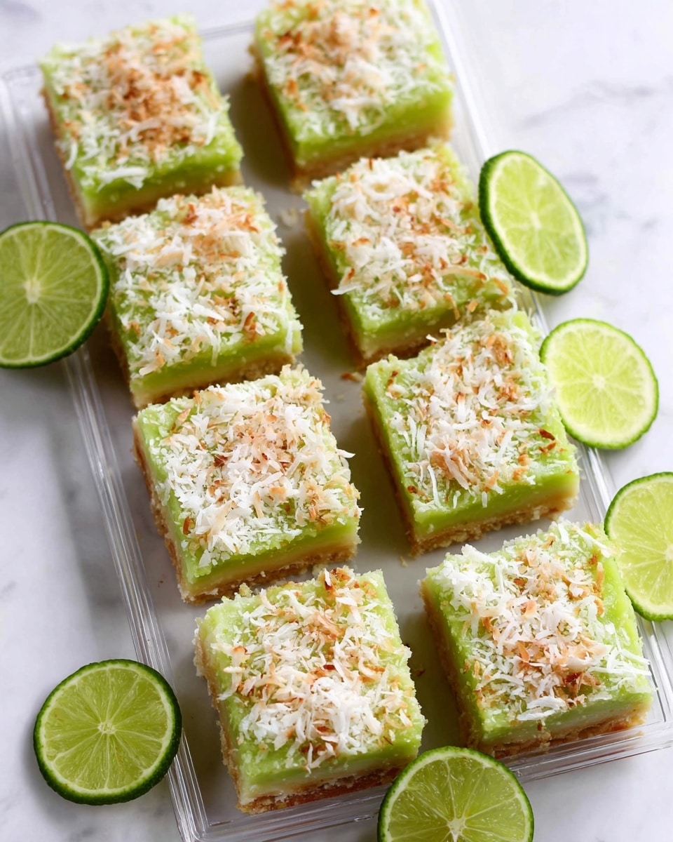 The image shows eight square lime dessert bars arranged in two neat columns on a clear tray. Each bar has a golden brown crust on the bottom, topped by a thick, bright green layer of lime filling with a smooth but slightly textured surface. The top layer is sprinkled generously with toasted white shredded coconut, adding a rough, uneven texture and light brown spots. Around the edges of the tray, there are several fresh lime slices with bright green skin and pale green juicy flesh. The whole scene is set on a white marbled surface. photo taken with an iphone --ar 4:5 --v 7