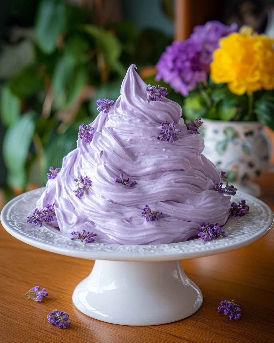 A single large mound of whipped light purple cream sits on a white pedestal plate with delicate embossed patterns along the rim. The cream is swirled thickly in multiple textured layers, with visible peaks and soft waves giving it a fluffy, airy look. Tiny sprigs of small purple flowers are scattered on top and around the cream for decoration. The plate rests on a warm wooden table, and blurred background shows green plant leaves and vibrant purple and yellow flowers, adding a fresh, natural feel to the scene. photo taken with an iphone --ar 4:5 --v 7