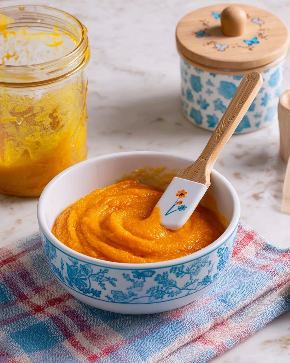A white bowl with blue floral patterns contains smooth, thick orange puree, filling about two-thirds of the bowl. A wooden spatula with a small white tip decorated with tiny orange flowers rests inside, partially covered by the puree. The bowl is set on a white marbled surface, next to a blue, red, and white checkered cloth. Behind the bowl, there is a ceramic container with a wooden lid featuring a butterfly engraving. A clear container with traces of the same orange puree is also partially visible in the background. Photo taken with an iphone --ar 4:5 --v 7