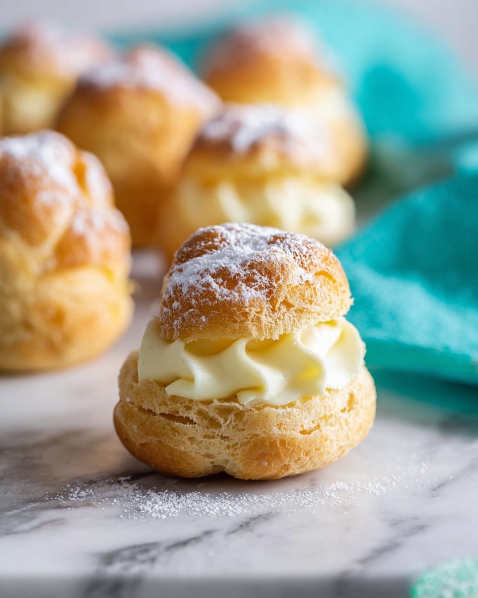 A close-up view of a cream puff with two main layers: a golden brown, slightly rough and puffy outer shell dusted lightly with powdered sugar on top, and a smooth, pale yellow creamy filling visible through a small opening in the shell. In the background, there are several more cream puffs blurred out, sitting on a white marbled surface and partially resting on a folded turquoise cloth. The overall image has a soft, bright look with a shallow depth of field. Photo taken with an iphone --ar 4:5 --v 7