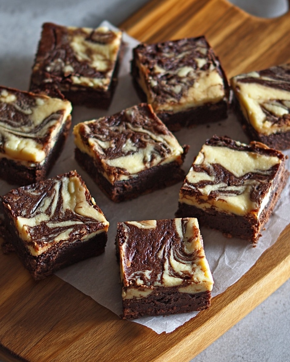 The image shows several square-shaped cheesecake swirl brownies arranged neatly on a wooden cutting board lined with parchment paper. Each brownie has two visible layers: a dense, dark chocolate brownie base and a creamy, light beige cheesecake layer on top. The cheesecake layer features swirling patterns of chocolate that mix with the cream, creating a marbled effect with dark brown and off-white swirls. The edges of the brownies are slightly raised and firm, while the top surface looks smooth with slight cracks from baking. The setting has a warm, rustic feel, with the wooden cutting board and natural light creating soft shadows. Photo taken with an iphone --ar 4:5 --v 7