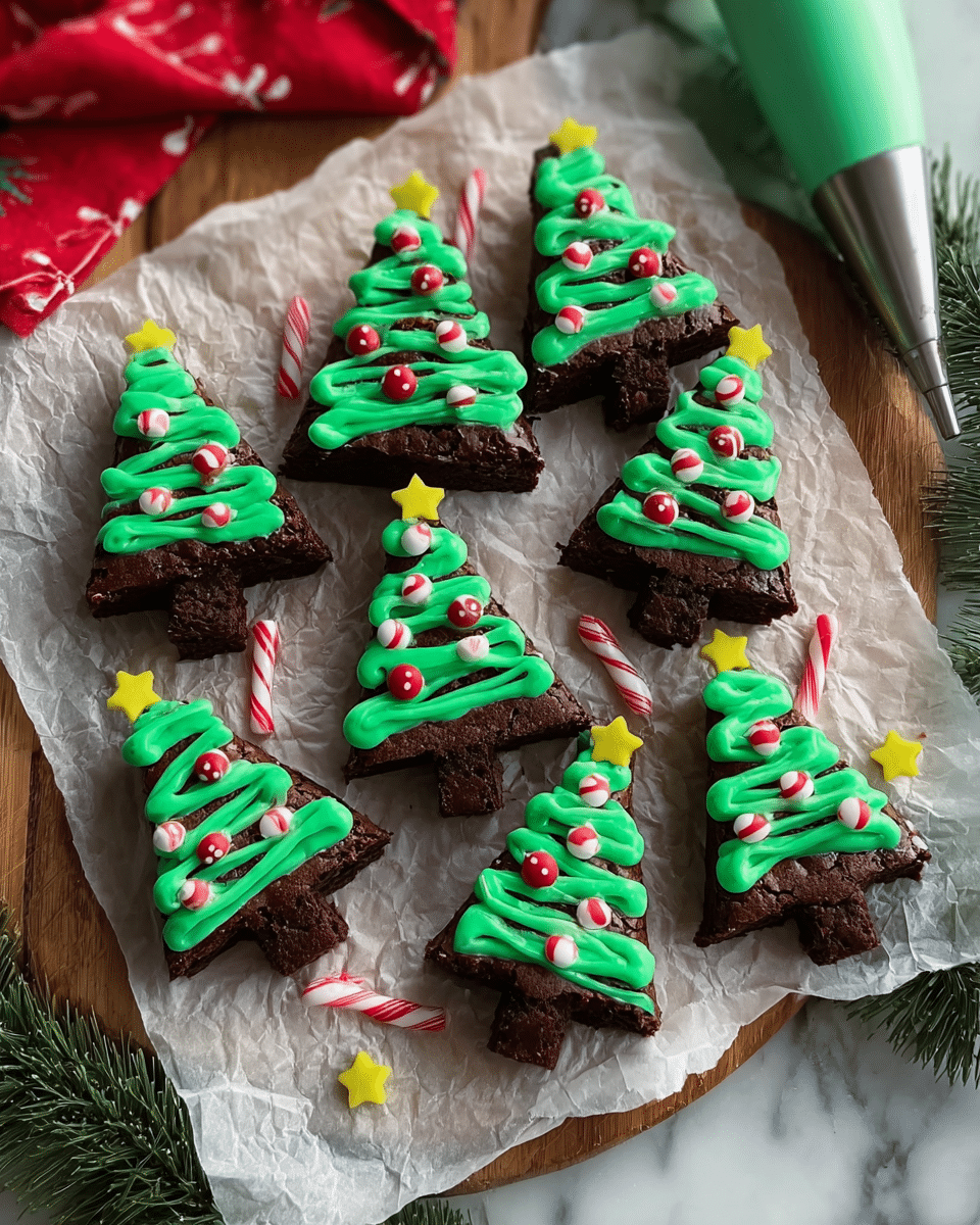 The image shows eight triangular brownie pieces shaped like small Christmas trees, placed on crumpled white paper over a wooden board with greenery around the edges. Each brownie tree has a green icing layer spread in a zigzag pattern over the top, decorated with small round red and white candy dots, and a small yellow star candy on the tip. A small candy cane piece sticks out from the bottom of each tree, acting as the tree trunk. Extra small candy cane pieces and yellow star sprinkles are scattered around the brownies. There is a green icing piping bag with a metal tip on the top right corner near the brownies. The background surface has a white marbled texture and some red festive fabric can be seen in the upper part of the scene. Photo taken with an iphone --ar 4:5 --v 7