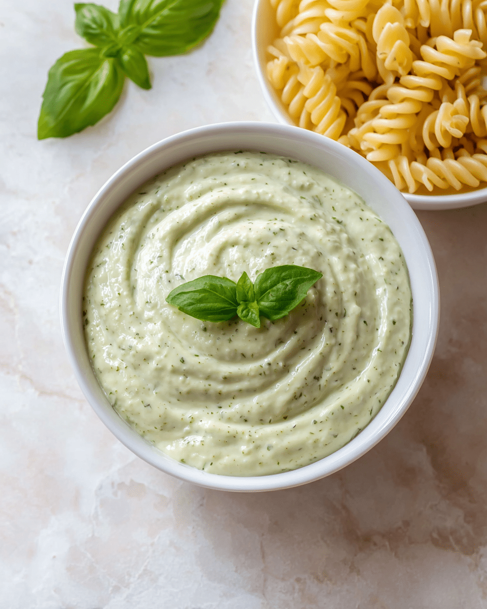 A white bowl filled with one thick layer of creamy pale green sauce with green herb speckles swirled in a circular motion, topped with a single bright green basil leaf placed in the center, sits on a white marbled surface. Next to it, another white bowl holds a single layer of uncooked pale yellow spiral pasta, creating a contrast with the creamy sauce. Photo taken with an iphone --ar 4:5 --v 7