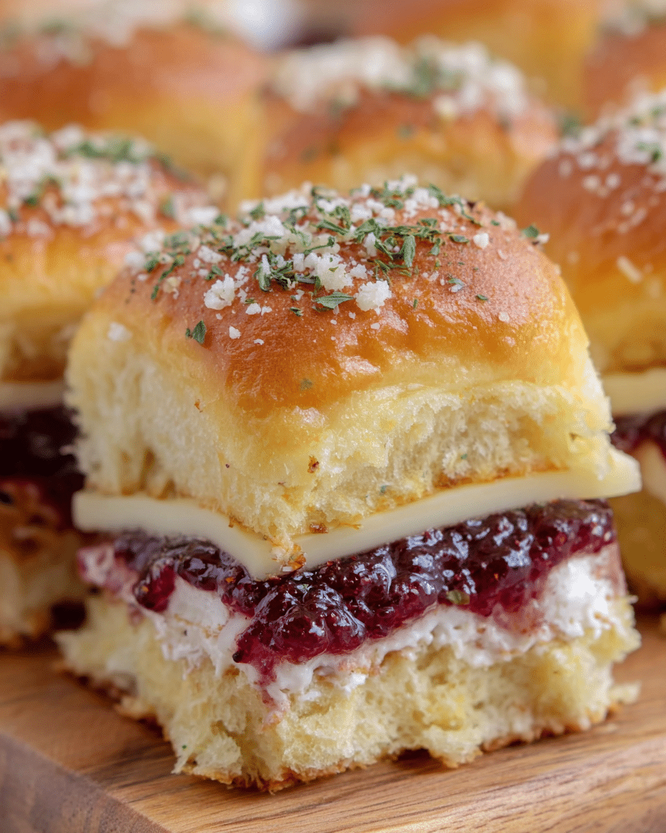 A close-up view of a sandwich slider showing three clear layers between a soft, golden brown top bun sprinkled with white grated cheese and green herbs. The first layer is a thick white creamy spread at the base, followed by a vibrant dark red jam-like layer, and topped with a smooth, creamy white cheese slice. The sandwich is set on a light wooden surface with more sliders blurred in the background. photo taken with an iphone --ar 4:5 --v 7