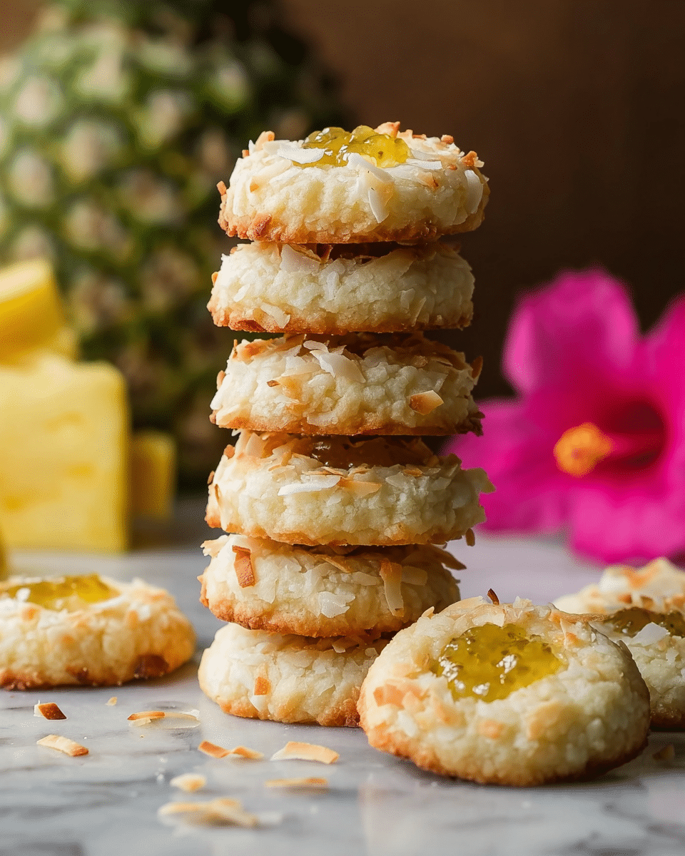 A tall stack of six thumbprint cookies sits on a white marbled surface, each cookie round and lightly browned with toasted coconut flakes covering the edges. The top cookie and one cookie in the front both have a small dollop of yellow pineapple jam in the center, shining slightly and contrasting with the pale cookie dough. The texture of the cookies looks soft with crisp coconut bits. Around the stack, there are loose coconut flakes scattered and a few more cookies lying flat. In the background, there is a blurred pineapple, pineapple slices, and some bright pink flowers adding color to the scene. photo taken with an iphone --ar 4:5 --v 7