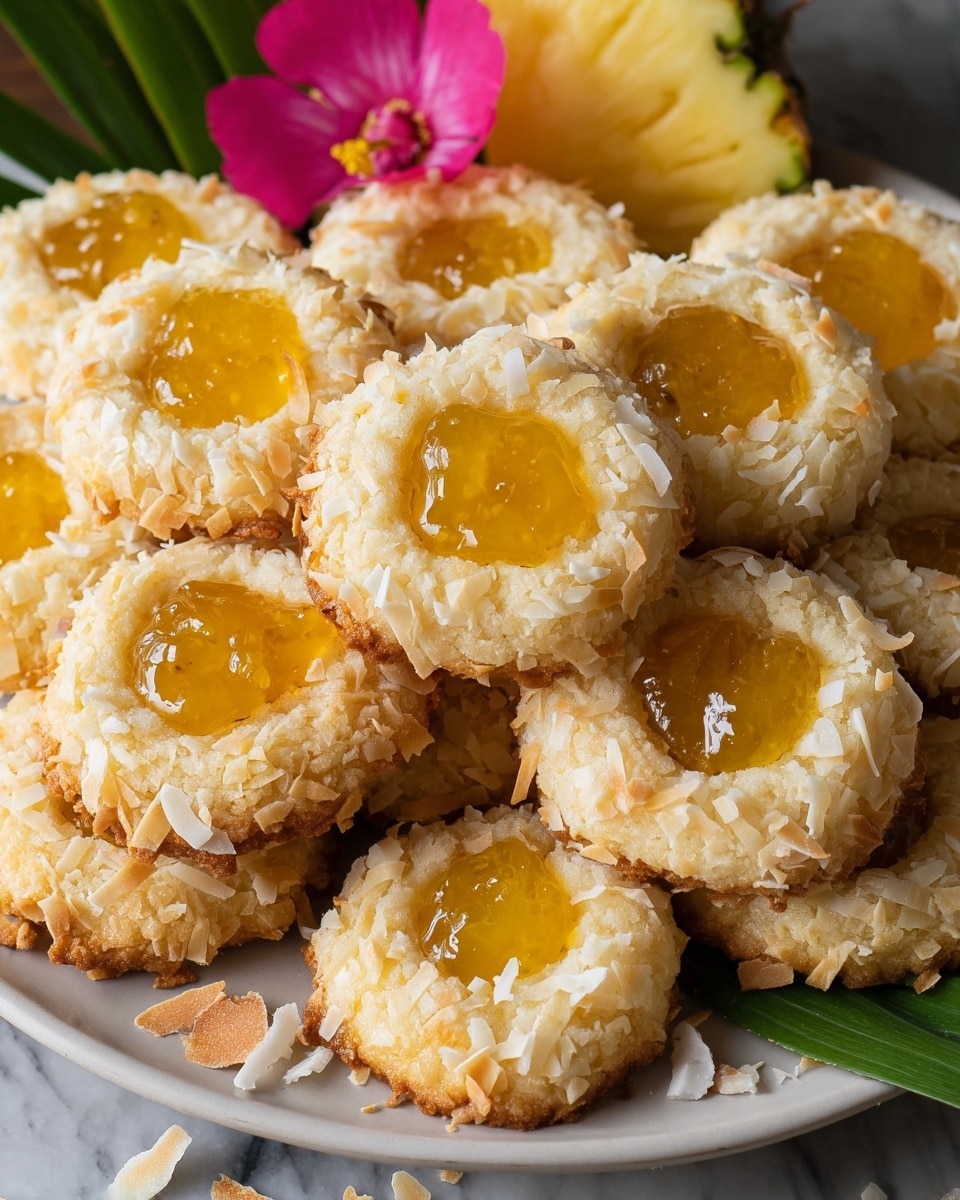 The image shows a close-up of many small round cookies stacked closely together on a white plate. Each cookie has a rough, light golden-brown outer layer made of shredded coconut, with some coconut flakes sticking out, giving a textured look. In the center of each cookie, there is a shiny dollop of bright yellow fruit jam, smooth and slightly translucent. The cookies look soft and moist with a slightly toasted crust. Around the plate, scattered coconut flakes add a rustic feel, and a small piece of pineapple with green leaves and a pink flower is placed as decoration near the cookies. The background is a white marbled texture. photo taken with an iphone --ar 4:5 --v 7