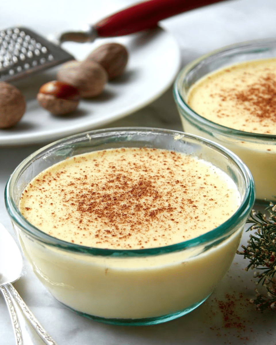 A close-up view of two glass bowls filled with creamy, pale yellow custard, topped with a light dusting of brown nutmeg powder. The bowls have a slight green tint and are placed on a white marbled textured surface. In the background, there is a white plate with whole nutmeg and a nutmeg grater resting on it. A silver spoon with a red handle is partly visible near the closest bowl. Photo taken with an iphone --ar 4:5 --v 7