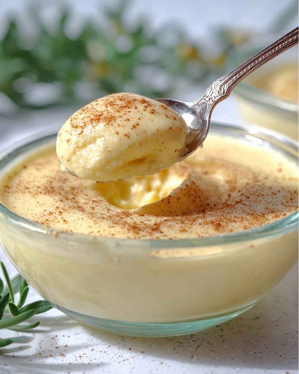 This image shows a clear glass bowl filled with a smooth, light yellow custard topped with a light sprinkle of brown spice, possibly cinnamon or nutmeg. A silver spoon with an ornate handle is lifting a round scoop of the creamy dessert from the bowl, showing its thick, soft texture. The background has a soft white marbled surface with sprigs of green herbs slightly visible, adding a fresh touch. photo taken with an iphone --ar 4:5 --v 7