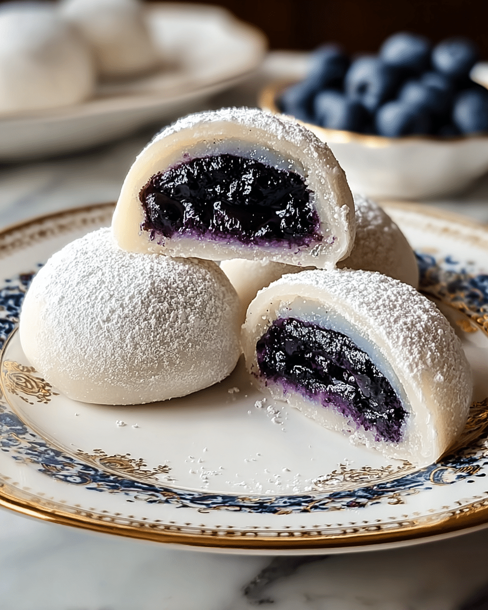 The image shows three soft, round pastries dusted heavily with white powdered sugar. Two pastries are whole, while one is cut in half and stacked on top of the others, revealing a thick, deep purple-blue filling made of whole berries inside a pale, delicate dough. The pastries have a lightly textured, matte surface, and small bits of powdered sugar are scattered around them on a white plate with simple grayish designs. The plate sits on a white marbled textured surface with a warm, slightly blurred background. photo taken with an iphone --ar 4:5 --v 7