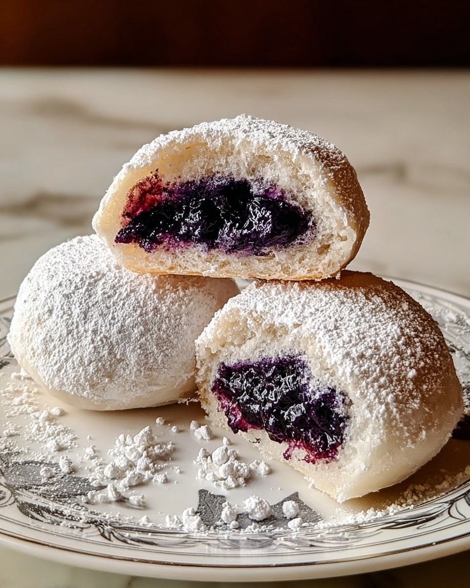Three round pieces of white mochi are arranged on a white plate with a gold and blue design around the edge. Each mochi has a soft, smooth outer layer dusted with white powdered sugar. Inside, the mochi is filled with a deep purple, slightly juicy blueberry filling that looks thick and rich. The mochi is cut in half showing two layers: the thin chewy white outer dough, and the dense dark blueberry filling inside. The plate is set on a white marbled surface with another plate of blueberries blurred in the background. photo taken with an iphone --ar 4:5 --v 7