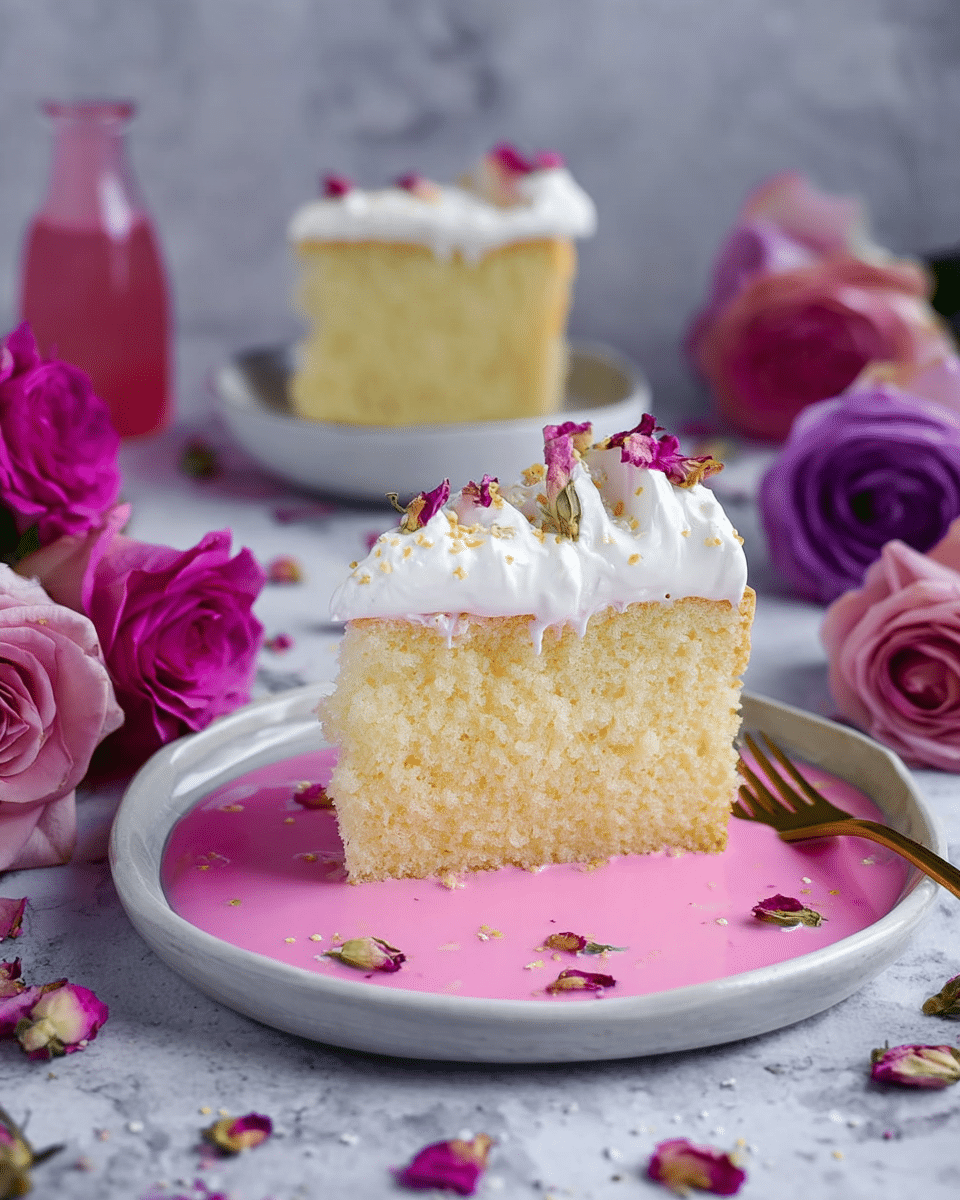 A slice of light beige cake with small holes stands on a white plate filled with a pink creamy sauce that has rose petals scattered in it. The cake has a thin pink layer soaked at the bottom. On top, there is a layer of white whipped cream decorated with small rose petals and tiny orange bits. In the background, there is a second similar cake slice and pink roses on a white marbled surface, along with a small glass bottle containing pink liquid. Photo taken with an iphone --ar 4:5 --v 7