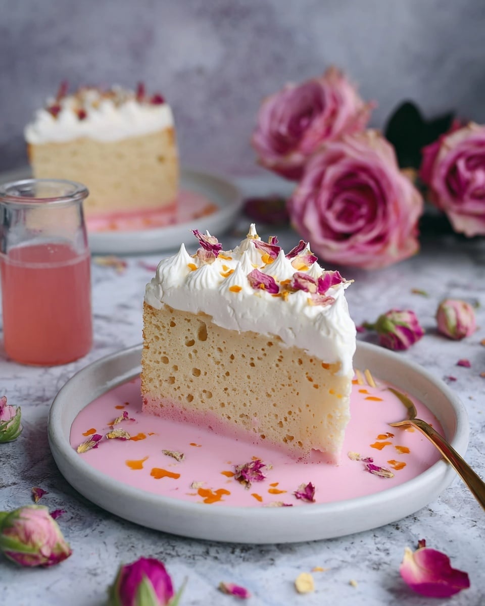 A single slice of light yellow sponge cake with a soft, airy texture sits in the middle of a round white plate, surrounded by a pool of bright pink sauce with small flower petals floating on top. The cake has one thick layer topped with a neat layer of white whipped cream decorated with small rose petals and tiny sprinkles. In the background, out of focus, is another piece of the same cake on a white plate and a small glass bottle filled with pink liquid. Around the plate are pink and purple roses laying on a white marbled surface. photo taken with an iphone --ar 4:5 --v 7