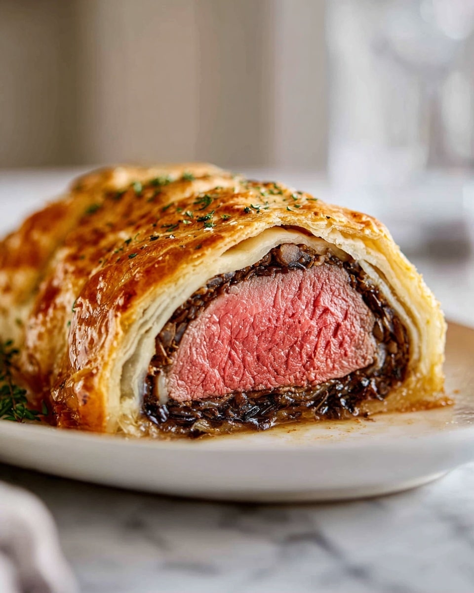 A sliced beef Wellington is shown, with three clear layers: the inside is a thick, juicy, medium-rare beef piece colored pink with a slightly browned edge, surrounded by a dark brown mushroom duxelles layer that looks finely chopped and moist, all wrapped in a golden, flaky puff pastry with a shiny, crisp top sprinkled lightly with herbs. The dish rests on a white plate, placed on a white marbled surface, and the background is softly blurred with neutral tones. Photo taken with an iphone --ar 4:5 --v 7