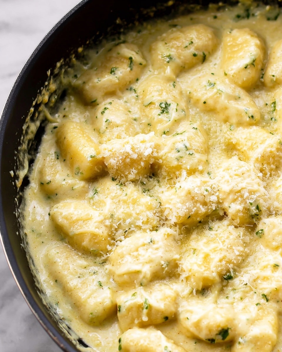 This image shows a close-up of soft, pillowy gnocchi covered in a thick, creamy sauce that is pale yellow with flecks of green herbs. The gnocchi pieces are plump and tender, sitting in a generous layer of sauce that clings to each piece, giving a rich and smooth texture. The sauce appears sprinkled lightly with grated cheese, adding a subtle grainy look on top. The dish is inside a dark pan, with some sauce coating the sides, and the entire scene is set against a white marbled textured background. photo taken with an iphone --ar 4:5 --v 7
