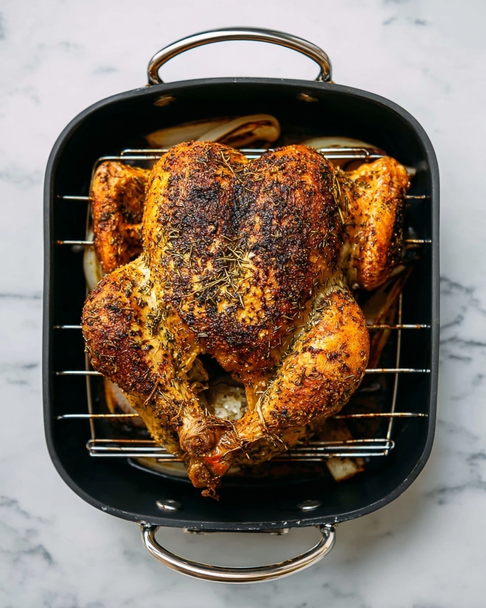 A whole roasted chicken with a dark golden-brown skin is placed in a black roasting pan with silver handles. The chicken is covered with herbs and spices, creating a textured, slightly crispy surface. Underneath the chicken, there are visible slices of onion that are light brown and soft, resting on a silver grill rack inside the pan. The pan sits on a white marbled surface, adding a clean backdrop to the rich colors of the cooked chicken. photo taken with an iphone --ar 4:5 --v 7