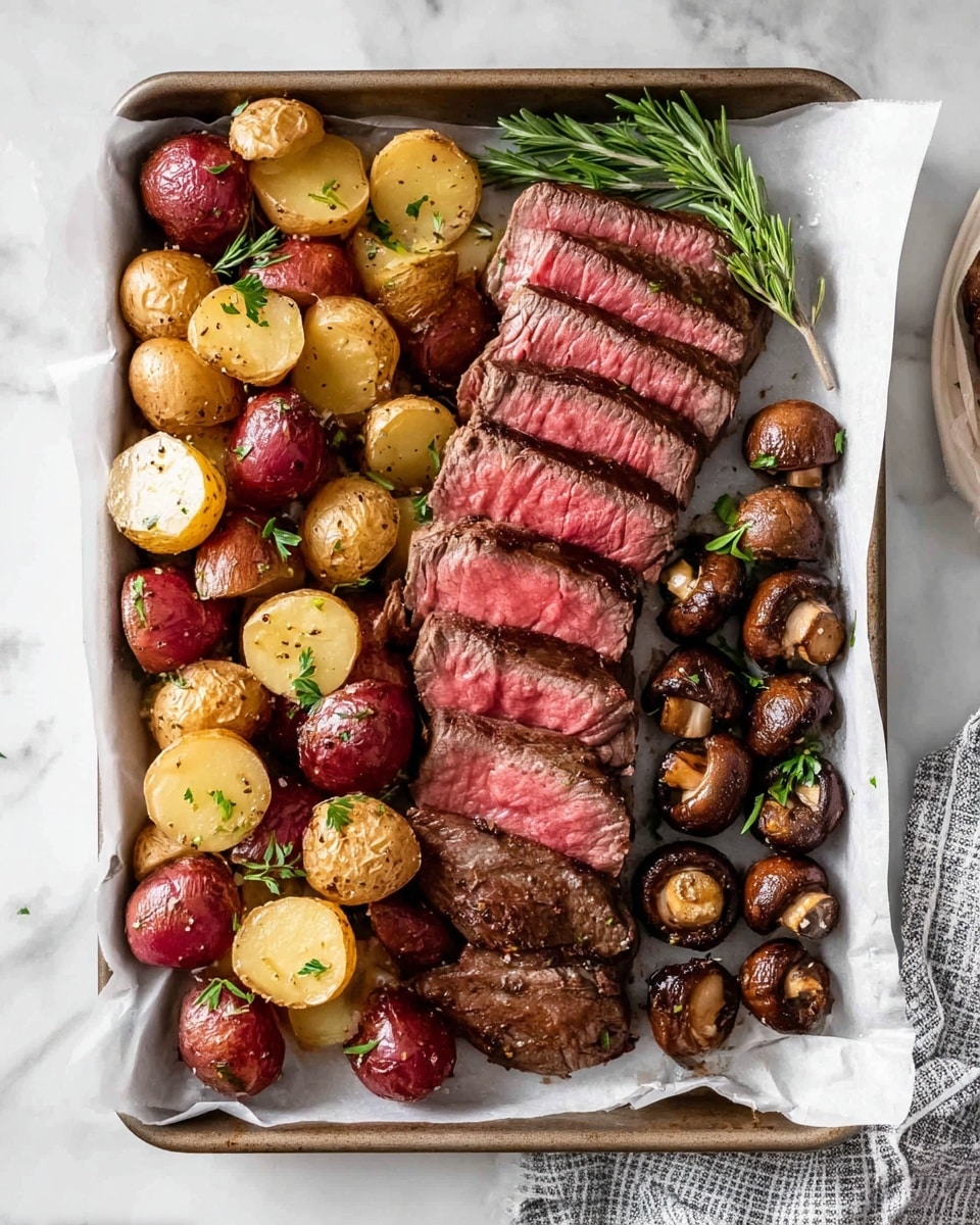 A tray lined with white parchment paper holds a neatly arranged meal with three distinct sections: in the center, six thick slices of medium-rare steak with a pink inside and a seared brown outside, stacked slightly overlapping; on the left, a pile of halved red potatoes with golden-brown edges sprinkled with herbs and garnished with fresh green rosemary sprigs; on the right, a cluster of whole and halved brown mushrooms, cooked to a rich brown color with a slightly glossy finish and small rosemary leaves scattered around. The tray sits on a white marbled surface with a gray and white checkered cloth visible at the bottom right corner. Photo taken with an iphone --ar 4:5 --v 7