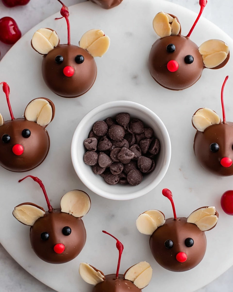 The image shows several cute little chocolate mice arranged in a circle on a white marbled surface. Each mouse has two round layers: a larger round body and a smaller rounded cone-shaped head, both coated in smooth brown chocolate. Two thin, flat almond slices are used as ears, placed on top of each head. Small black chocolate dots form the eyes, while tiny red candy pieces create the noses at the front point. At the back of each mouse, a bright red cherry stem sticks out, acting as the tail. In the center of the circle is a white bowl filled with small dark chocolate chips, holding one mouse inside it. The whole scene looks playful and festive, photo taken with an iphone --ar 4:5 --v 7