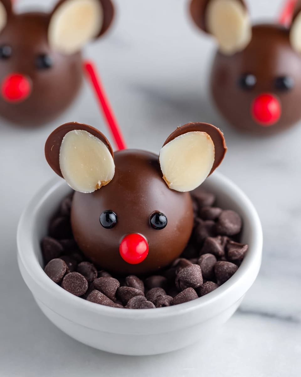 The image shows a small treat shaped like a mouse resting in a white bowl filled with dark brown chocolate chips. The mouse has two rounded layers: the body is a smooth dark chocolate ball, and the head is a slightly smaller dark chocolate teardrop shape placed in front. Two almond slices act as white ears with brown edges, attached to the top back of the head. The eyes are made of shiny, small dark dots, and a bright red round candy forms the nose at the tip of the head. A thin red stick extends from the back of the body, simulating a tail. In the background, another similar mouse partially appears, also decorated with the same details. The whole scene is set on a white marbled surface. photo taken with an iphone --ar 4:5 --v 7