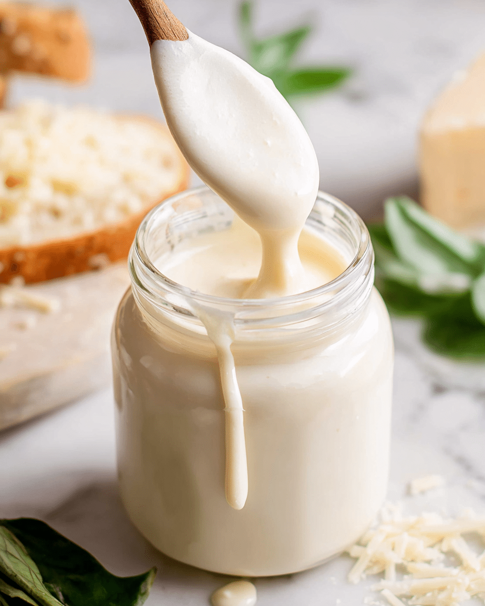 A close-up image shows a glass jar filled with thick, creamy white sauce, with some dripping down the side. A white spoon covered in the same sauce is lifted above the jar, showing a smooth and slightly fluffy texture. In the background, there is a blurred piece of bread with a light spread and some green leaves slightly visible on the left side. The scene is set on a white marbled surface. photo taken with an iphone --ar 4:5 --v 7