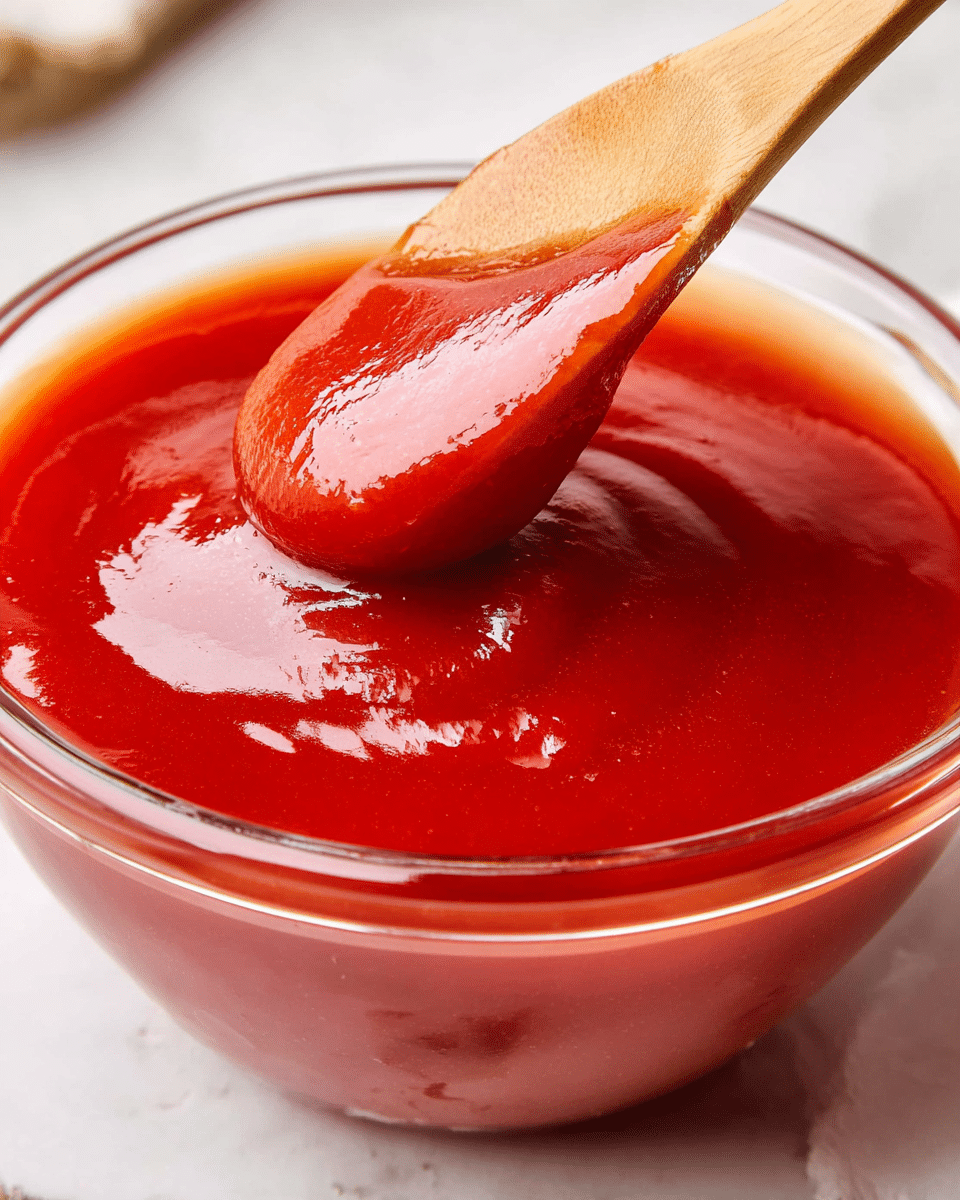 A clear glass bowl filled with a smooth, thick, and glossy bright red sauce. A wooden spoon is dipped into the sauce, lifting a spoonful to show the shiny and rich texture. The bowl sits on a white marbled surface with the sauce smoothly spread inside, creating small waves under the spoon. The overall look is fresh and appetizing, focusing on the vibrant red color and creamy consistency of the sauce. photo taken with an iphone --ar 4:5 --v 7