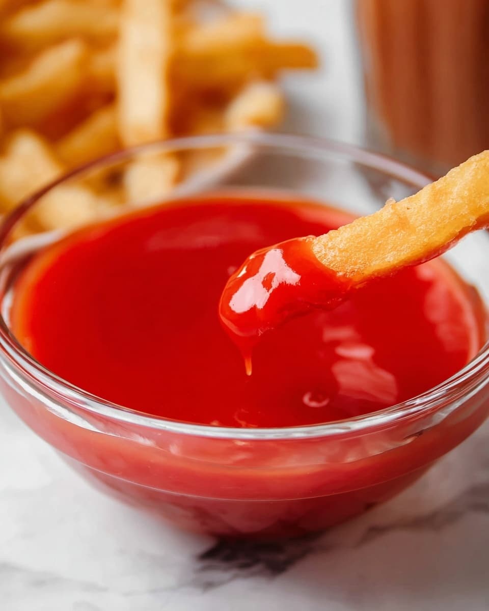 A close-up view of a clear glass bowl filled with bright red ketchup, showing a crispy golden-brown fry dipped halfway into the smooth sauce, with a drop of ketchup hanging from the fry's edge. In the background, more fries and a glass of milkshake can be seen out of focus, all set on a white marbled surface. photo taken with an iphone --ar 4:5 --v 7