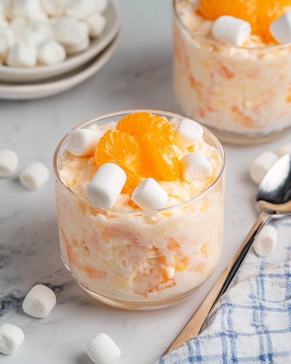 A clear glass cup filled with a creamy, light orange mixture containing visible chunks of mandarin oranges and small white marshmallows mixed throughout. On top, there are three whole mandarin orange segments and three small white marshmallows arranged around them. The glass sits on a white marbled surface scattered with extra small white marshmallows around its base, with a silver spoon inside the cup on the right side. In the background, there is another identical glass with the same dessert. A white and blue checkered cloth is placed at the bottom right corner. photo taken with an iphone --ar 4:5 --v 7