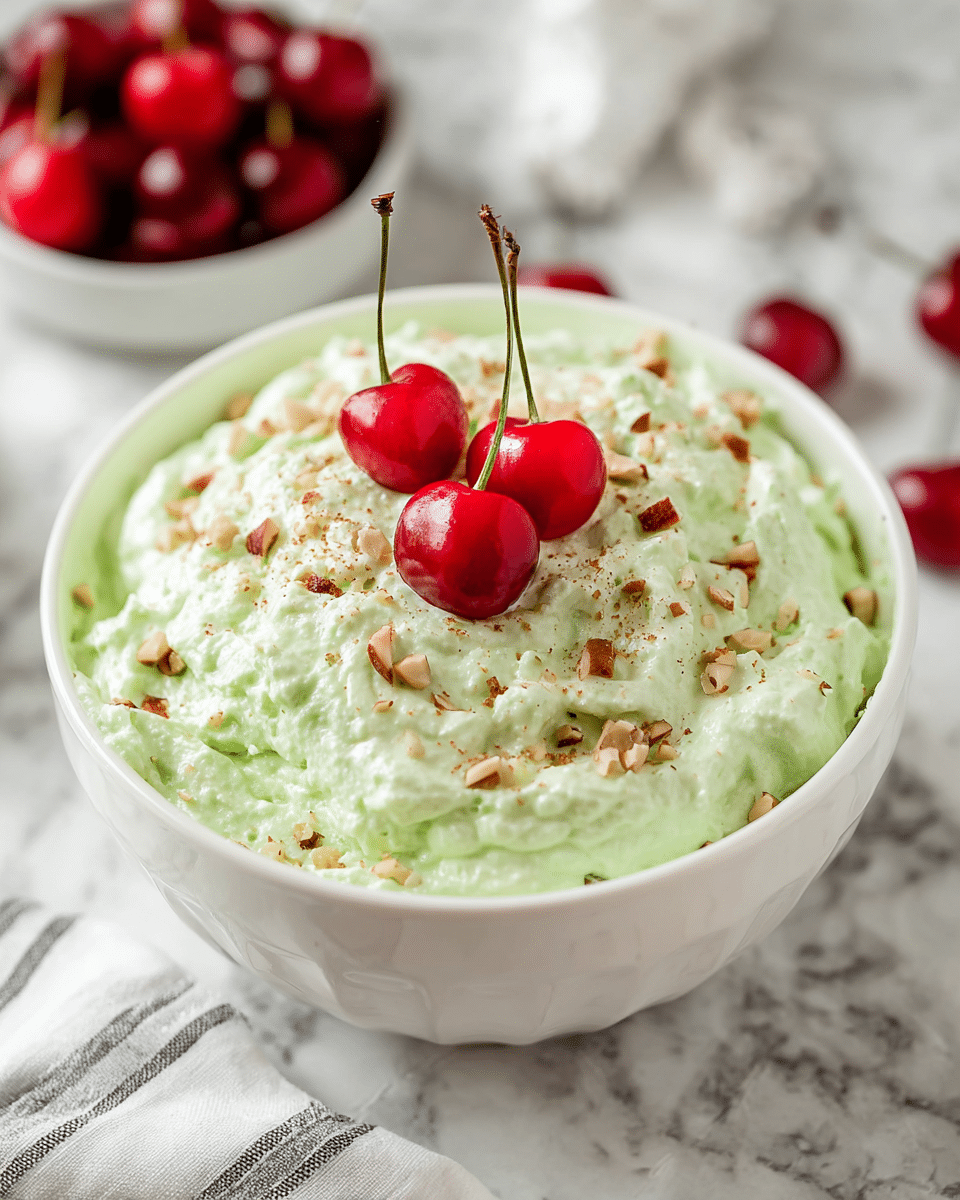 A bowl filled with a thick, light green fluffy mixture that looks creamy and soft, topped with small pieces of chopped nuts scattered evenly across the surface. Three bright red cherries with long stems sit on top in the center, adding a pop of color. The bowl is white and placed on a white marbled surface with a hint of a striped cloth visible at the bottom edge of the image. In the background, there is a white bowl filled with more bright red cherries, slightly out of focus, adding depth to the scene. Photo taken with an iphone --ar 4:5 --v 7