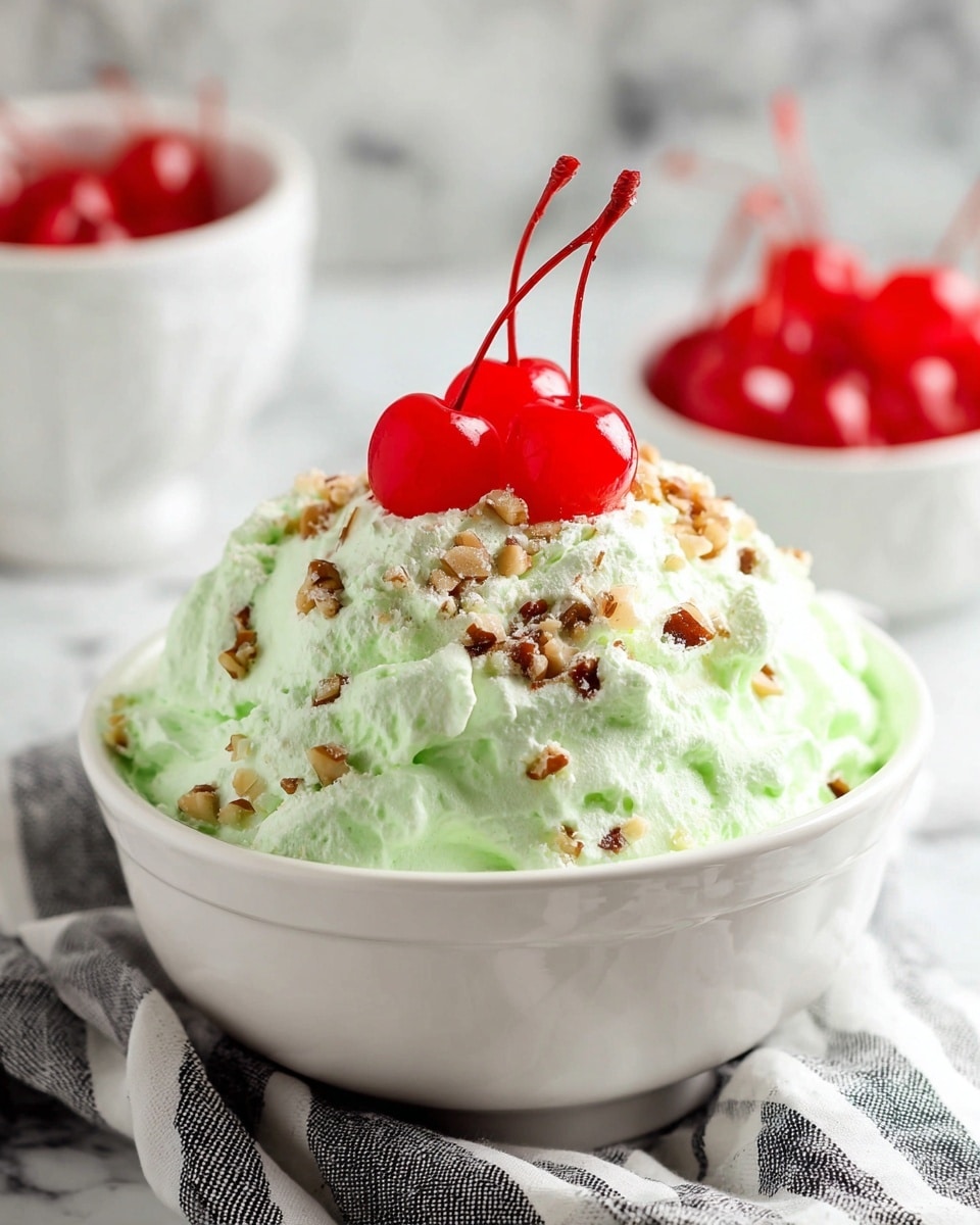 A white bowl filled with a fluffy, light green creamy mixture, with small bits of nuts mixed inside, topped with crushed walnuts scattered on top and three bright red maraschino cherries with stems standing upright in the center. The bowl sits on a white marbled surface with a black and white striped cloth partially visible in front. In the blurred background, there is another white bowl holding more red cherries. photo taken with an iphone --ar 4:5 --v 7