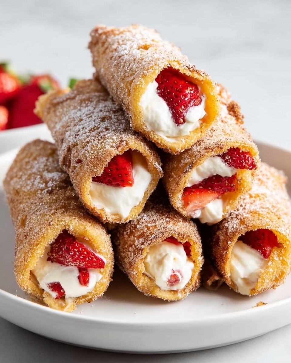 The image shows three golden-brown, sugar-coated rolled pastries standing upright in a small white dish. Each roll is cut to reveal two layers inside: a soft yellow cake layer forming the outer part and a creamy white filling with visible bright red strawberry pieces inside. The pastries look crunchy with a rough sugar texture on the surface. The dish sits on a white marbled surface with two halved fresh strawberries nearby for decoration. In the background, there is a white plate with more pastries and a sliced strawberry, along with a white cup with a small amount of food liquid or syrup being poured from a white container. A corner of a white cloth with black polka dots is also visible. photo taken with an iphone --ar 4:5 --v 7
