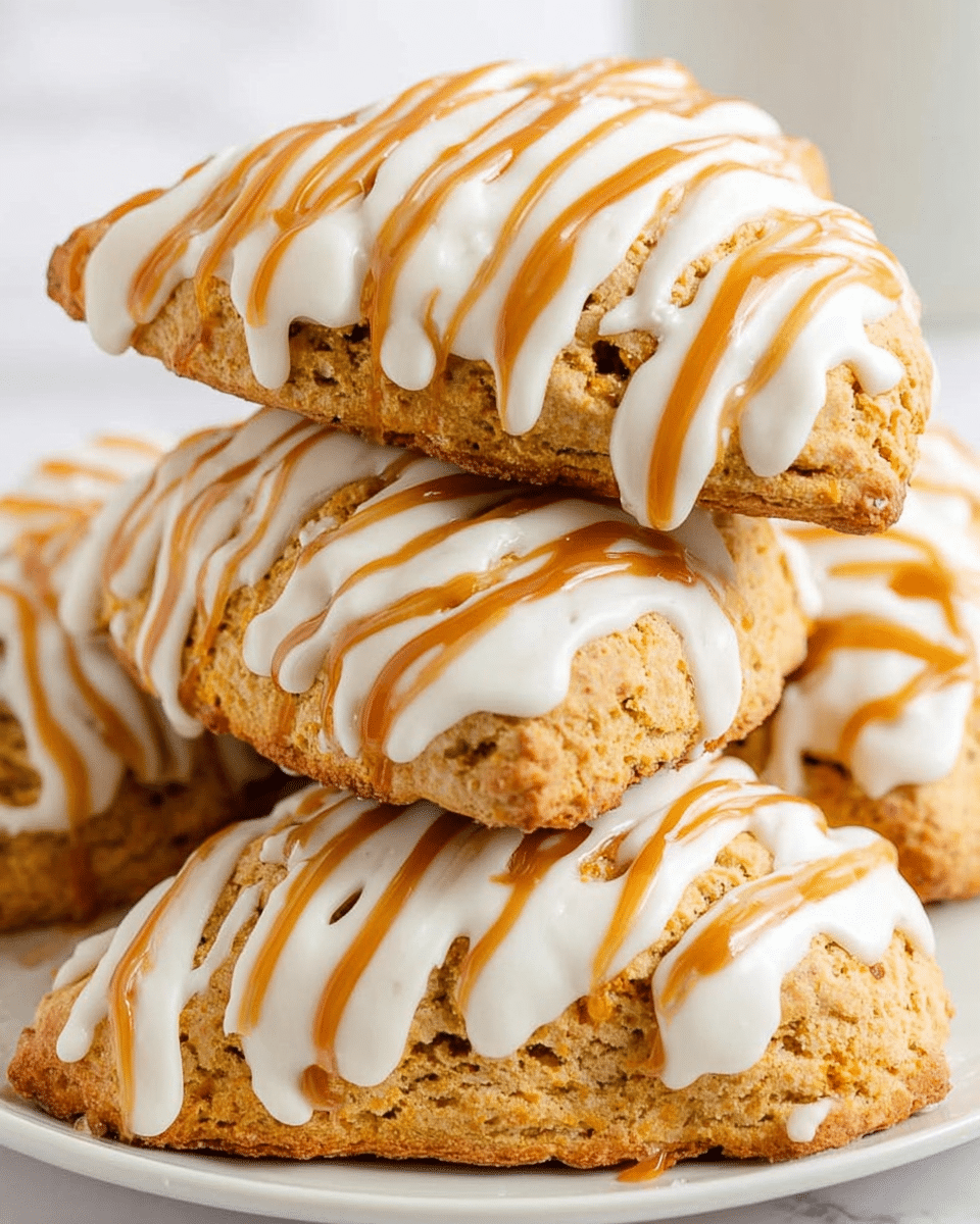 The image shows a stack of five triangular scones with a warm light brown color, each topped with a thick layer of white icing that covers the upper surface. Over the white icing, there are thin, wavy lines of caramel-colored drizzle evenly spread from top to bottom, giving each scone a striped pattern. The scones have a rough and crumbly texture visible on the edges, and they rest on a white plate placed on a white marbled surface. The arrangement is closely packed, showing the layers and details of the icing and drizzle on each scone. photo taken with an iphone --ar 4:5 --v 7