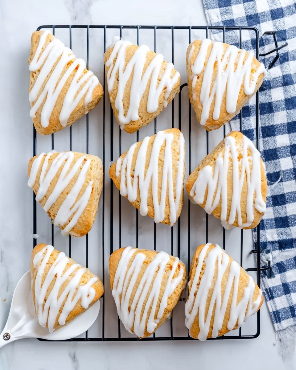 Eight triangle-shaped scones are placed on a black wire cooling rack over a white marbled surface. Each scone has one thick layer of white icing covering the top, with thin light brown drizzle lines running diagonally behind the scones. In the bottom left corner, a white spatula is lifting one scone. A blue and white checkered cloth is visible in the upper right corner. The scones have a light golden-brown color visible on the sides and bottom. Photo taken with an iphone --ar 4:5 --v 7