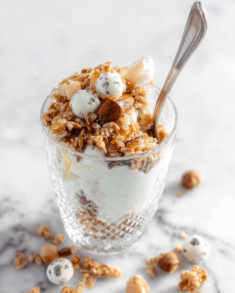 The image shows a glass dessert cup filled with three main layers: a creamy white yogurt or ice cream base at the bottom, a topping of crunchy granola mixed with nuts and small white coated candies with dark spots on top, and a light drizzle of honey over everything. The cup has a clear textured design, and there is a silver spoon inserted into the dessert on the right side. Some granola pieces and candies are scattered around the cup on a white marbled surface, giving a casual, fresh look. photo taken with an iphone --ar 4:5 --v 7