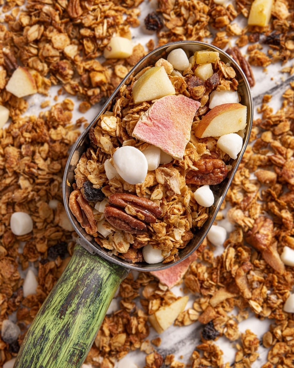 A close-up view of a metal scoop filled with crunchy granola mix that includes golden brown clusters of oats, pecans, and nuts, along with white yogurt coated raisins, small chunks of white freeze-dried apple, and a piece of pinkish dried fruit on top; the scoop has a green wooden handle that shows signs of wear, and the background is a spread of the same granola mix over a white marbled texture. photo taken with an iphone --ar 4:5 --v 7