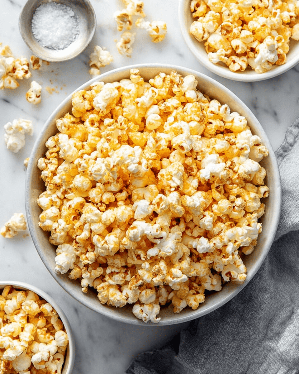 A large white bowl filled with a heap of golden yellow and light brown popcorn, showing fluffy and slightly crunchy textures with some pieces darker than others, resting on a white marbled surface. Scattered pieces of popcorn surround the bowl, with two smaller white bowls partially visible, also filled with popcorn. A soft gray cloth and a small metal dish with salt sit nearby. The scene is bright with natural light highlighting the popcorn's varying colors and textures, photo taken with an iphone --ar 4:5 --v 7