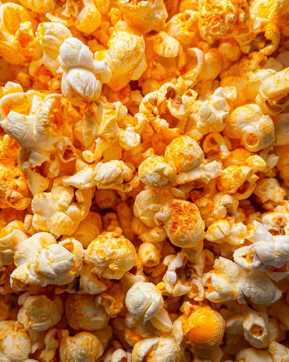 A close-up view of a pile of popcorn with a mix of white and golden-yellow kernels, some pieces showing a light dusting of orange powder, giving a salted cheese look. The texture is fluffy with irregular shapes and slight browning on a few pieces. The kernels are tightly packed together, filling the whole frame with bright and vivid colors. photo taken with an iphone --ar 4:5 --v 7