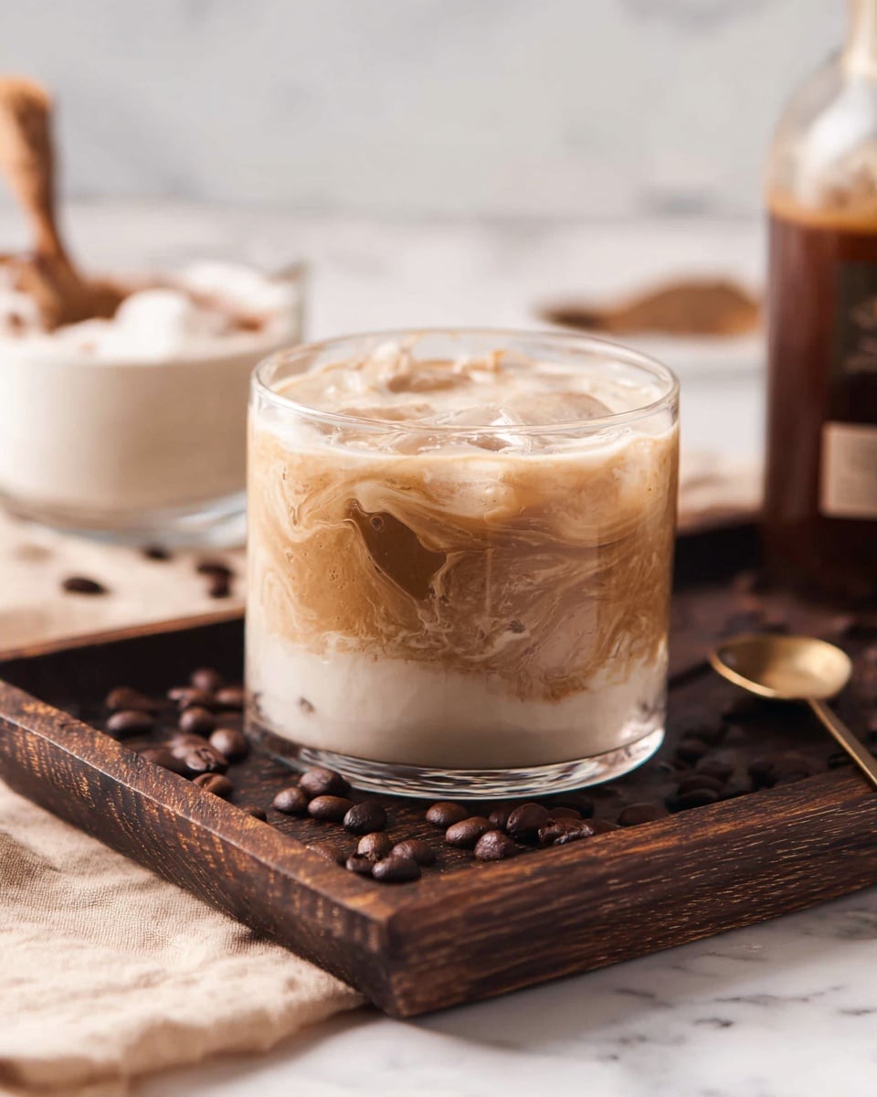 A clear glass cup sits on a dark wooden tray filled with a marbled drink that has two main layers: a creamy light brown swirl on the top and middle and a white foamy layer at the bottom that mixes gently with the brown. Coffee beans are scattered around the tray, adding small dark brown details. Behind the cup, there is a white glass bowl with a brown and white mixture and a bronze spoon resting beside it. The whole scene is set on a white marbled surface with a soft beige cloth on the lower left side. photo taken with an iphone --ar 4:5 --v 7