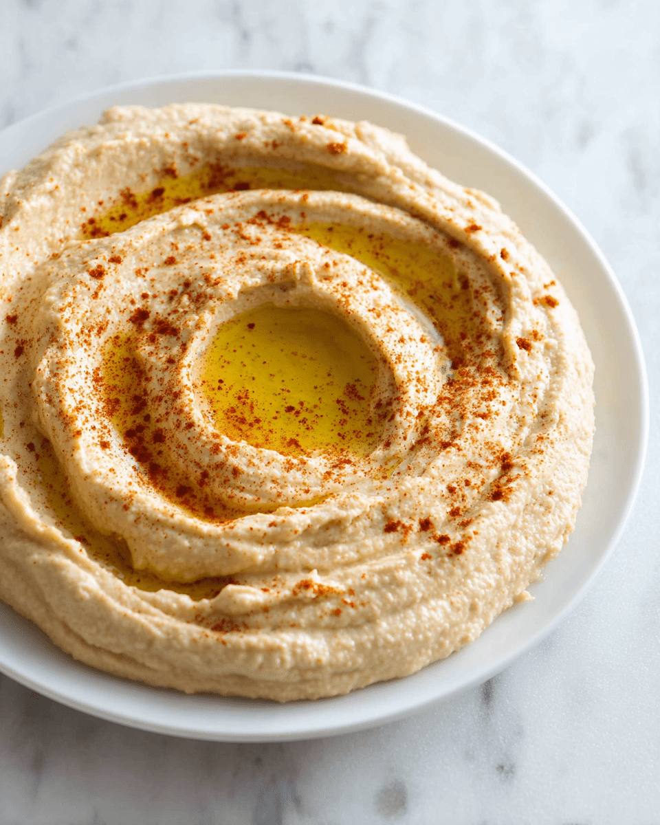 A white plate holds a large swirl of creamy hummus, its pale beige color smooth with a slightly coarse texture. The hummus is shaped into concentric rings, with a small well in the center filled with golden olive oil. The surface of the hummus is sprinkled lightly with reddish-brown paprika, adding contrast and a hint of spice. The plate sits on a white marbled texture, highlighting the soft, rich colors of the dish. photo taken with an iphone --ar 4:5 --v 7