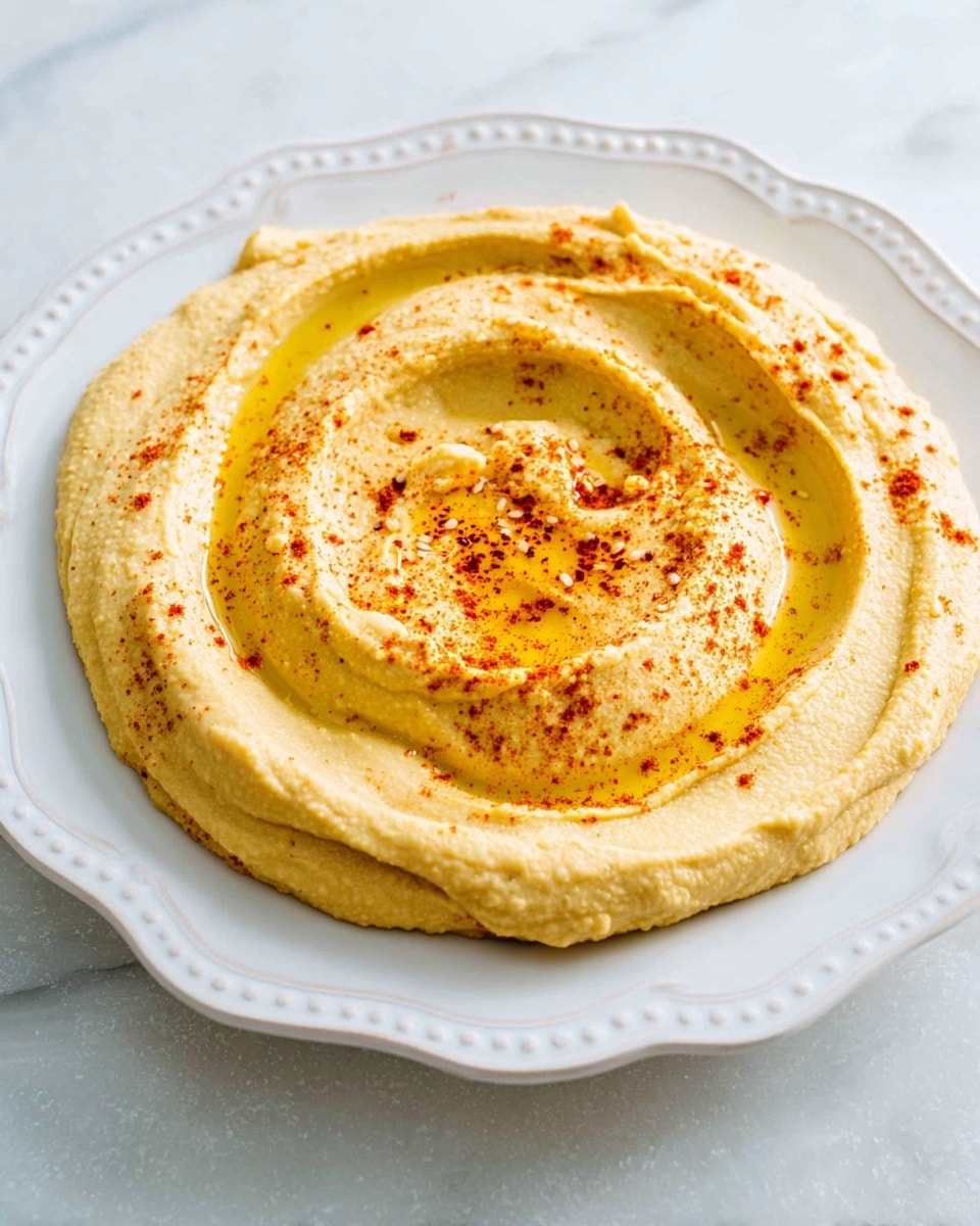A smooth, creamy spread of pale yellow hummus is presented in a shallow swirl on a white plate with a delicate edge design. The hummus forms a ring shape with a raised center pool filled with golden olive oil, sprinkled lightly with bright red paprika powder. The white plate rests on a white marbled surface, enhancing the soft texture and warm colors of the hummus. photo taken with an iphone --ar 4:5 --v 7
